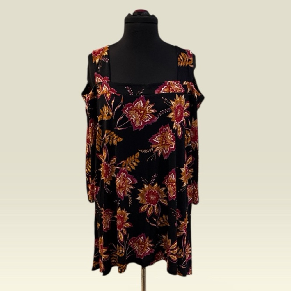 Catherines Black Tunic with Burgundy & Mustard Floral Print